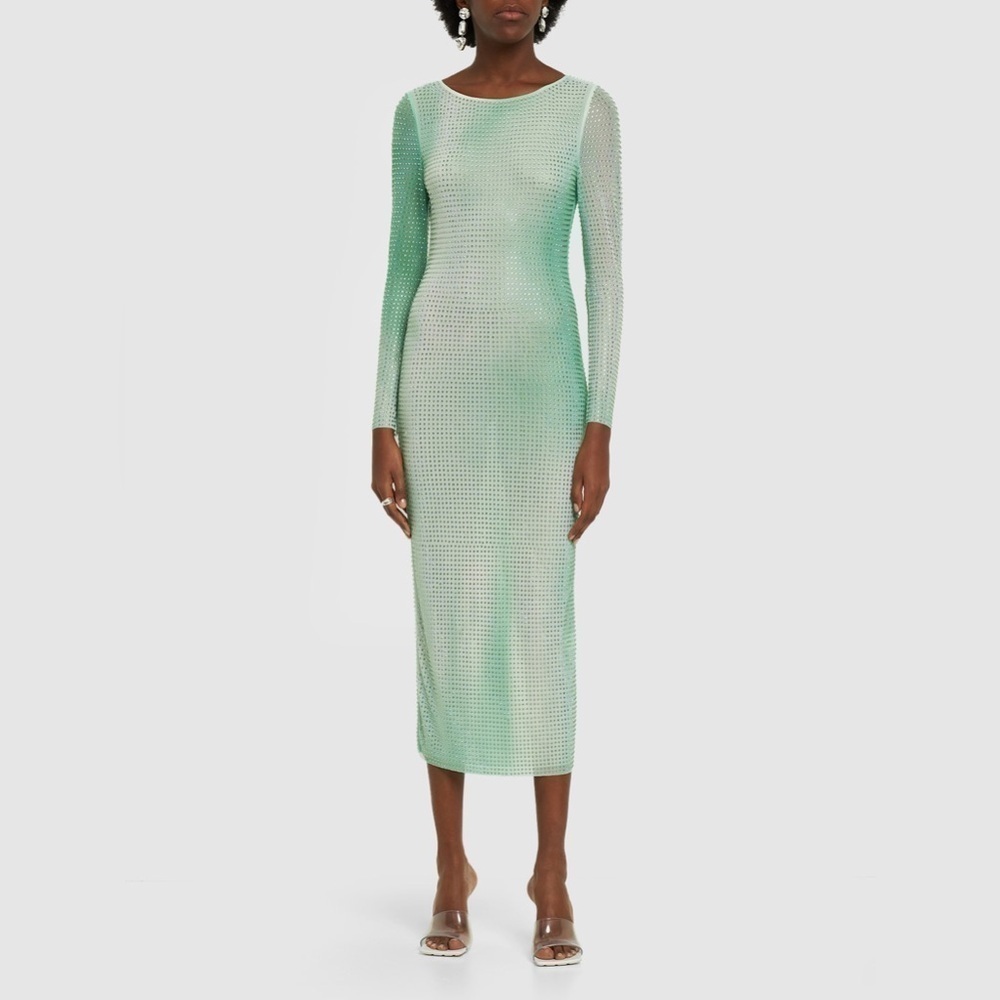 SELF-PORTRAIT Mint Green Crystal Embellished Mesh Midi Dress Size 8 NWT - Picture 5 of 10